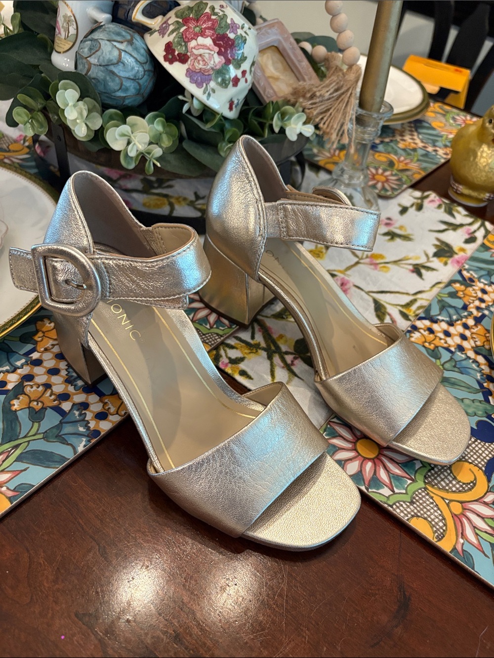 Vionic Metallic Silver Block Heel Sandals